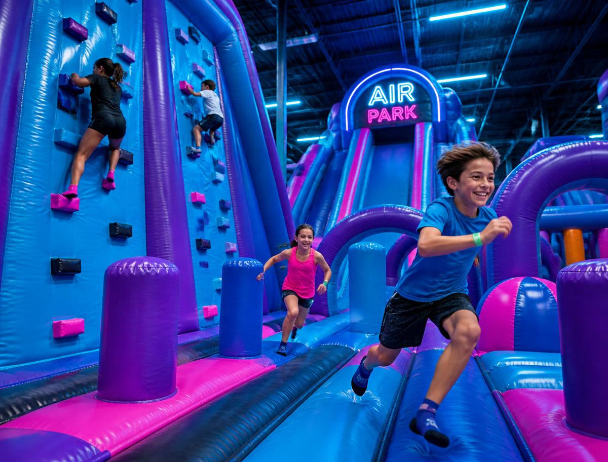Kids racing through inflatable obstacle courses at Vertigo Fun Park