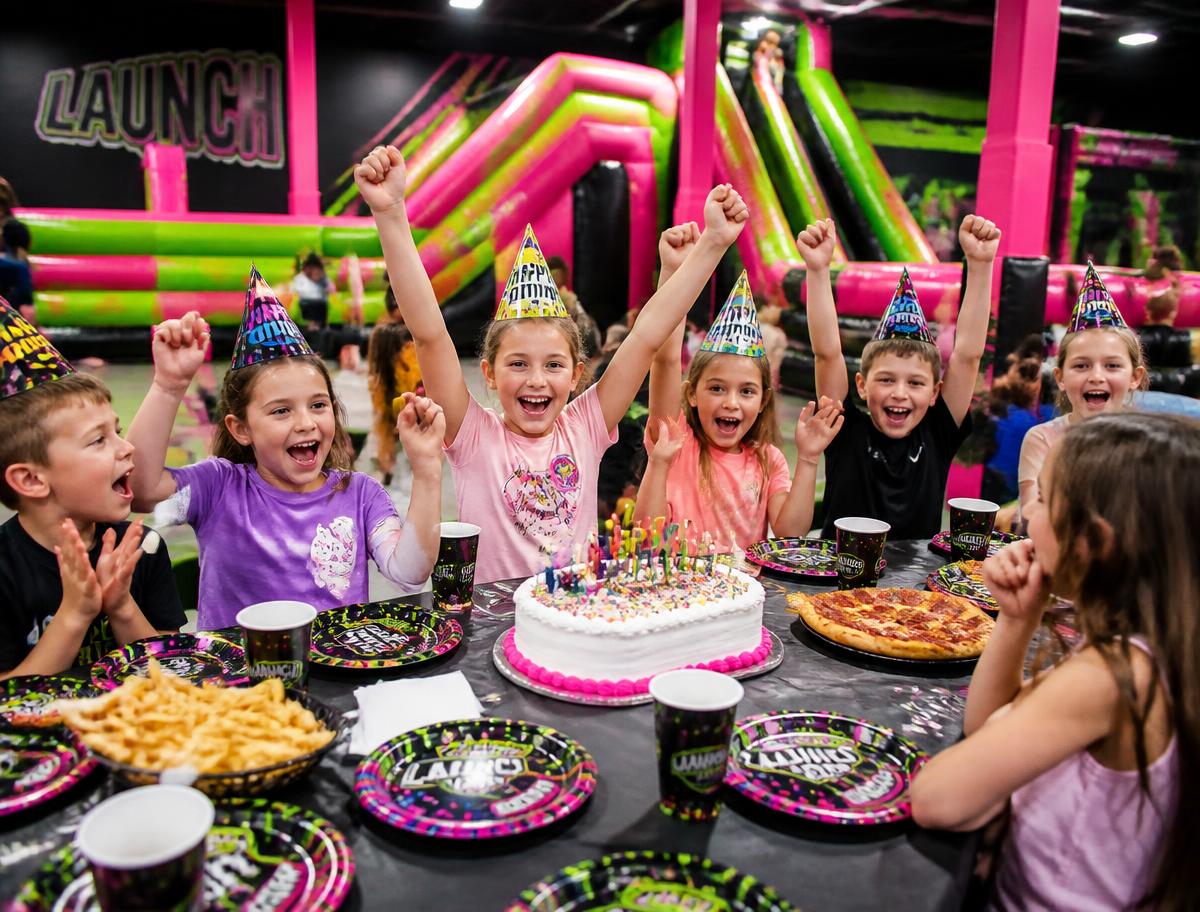 Kids cheering around a birthday cake at Vertigo Fun Park